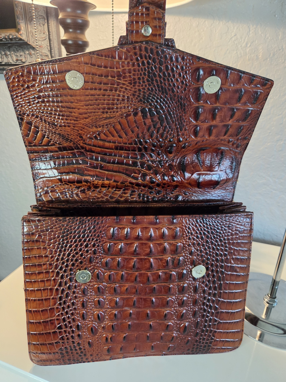 Brahmin Gabriella Satchel Pecan Melbourne Croc Embossed Accordion Bag - Picture 12 of 15